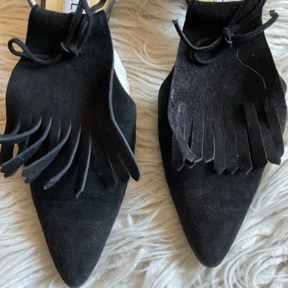Anne Klein Vintage Black Suede Leather Fringe Tassel Pointed Toe Heels Size 7N - Picture 10 of 11